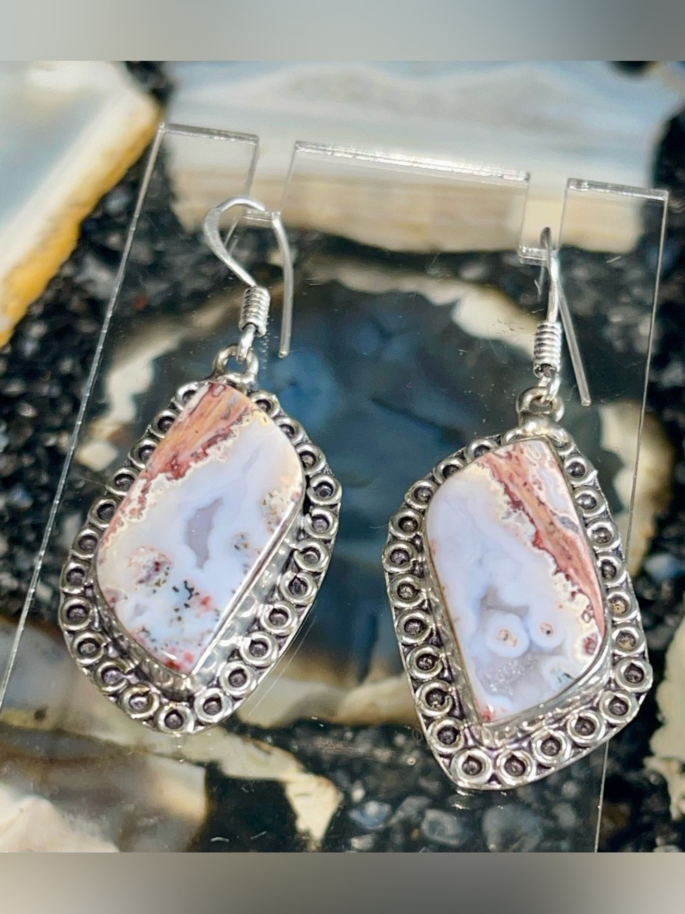 White & Brown Crazy Lace Agate Earrings 2”